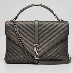 Yves Saint Laurent Grey Chevron Quilted Calfskin Leather Monogram Large Colle...